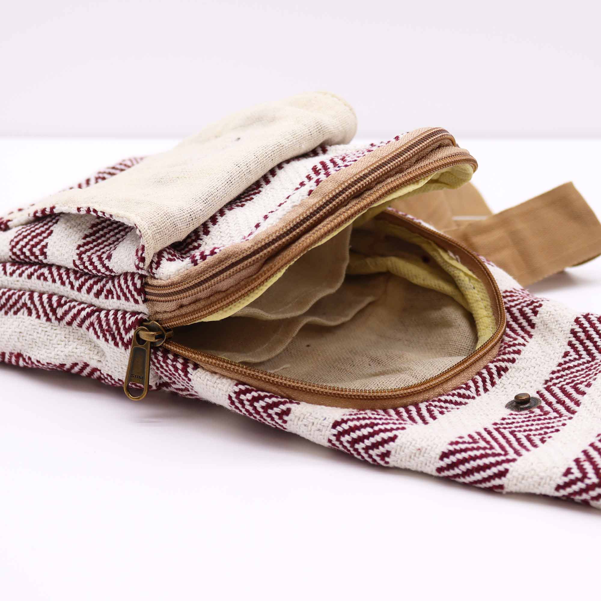 Cross-Body Bag Natural Cotton - Burgundy & White - Image 4