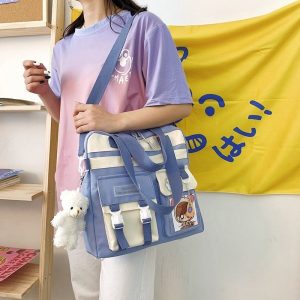 Anime Student Girls Canvas Bag With Badges