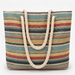 Large Capacity Straw Rainbow Bag - For Leisure And Work