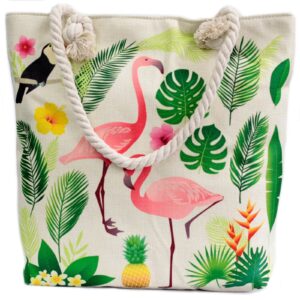Flamingo & Tropical Botanical Woven Canvas Tote Bag